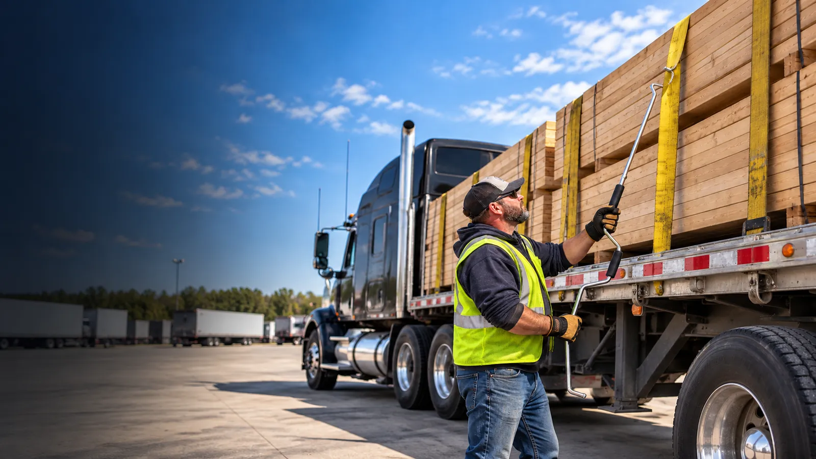 A flatbed truck driver in a high-vis vest uses a long reach tool to throw a yellow strap over stacked lumber loaded on his trailer